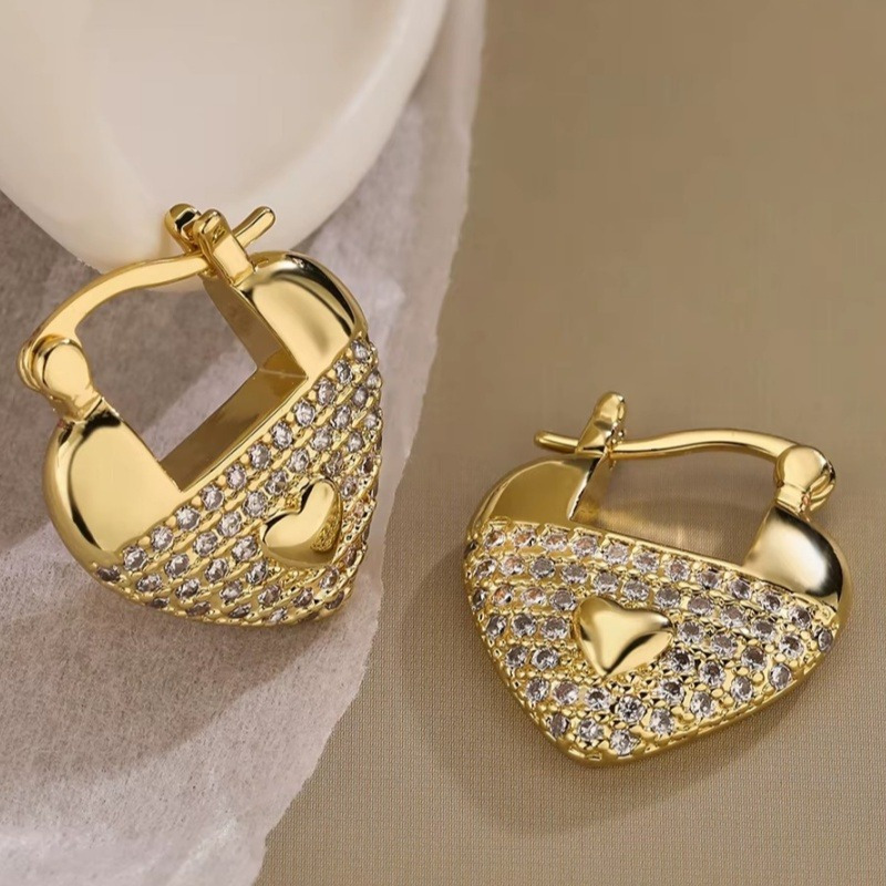 Heart Hoop Earrings with Zirconia Stones, KC Golden Plated